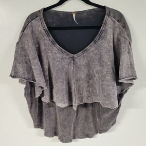 Free People Gray Acid Wash Linen Blend V-Neck Ruffle Top Small
